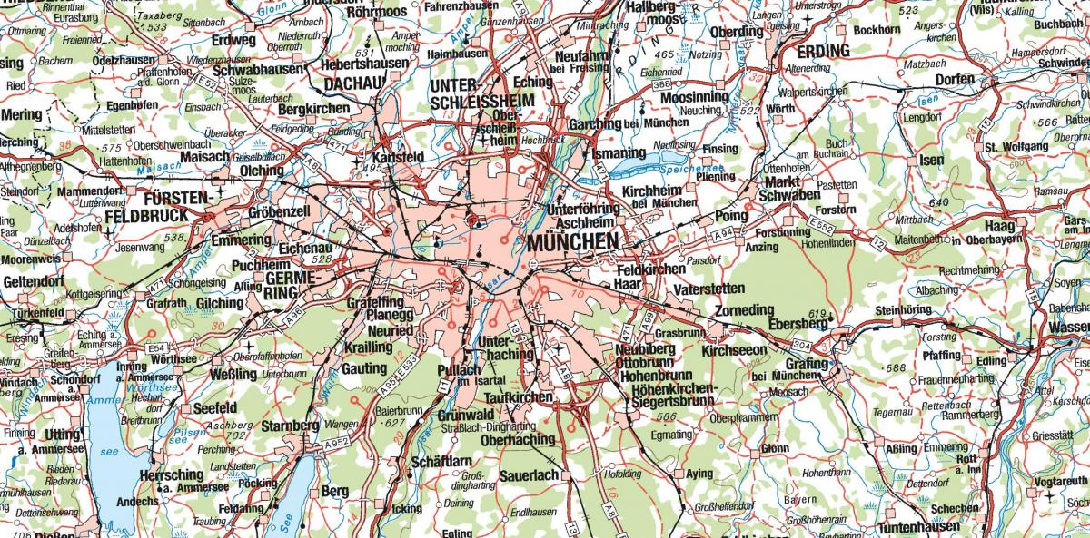 Karta över münchen och omgivande städer